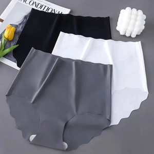 Three-pack high-waist seamless ice silk panties in black, white, and grey with wave edges