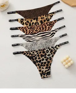 Detailed view of 6-pack leopard print thongs with branded elastic waistbands for women