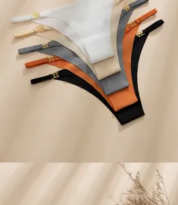 Close-up of seamless ice silk thongs with elegant gold metal ring connectors in five colors
