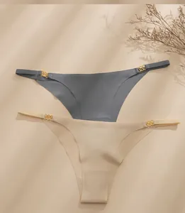 Detailed view of seamless ice silk thongs with gold metal ring accents in grey and beige