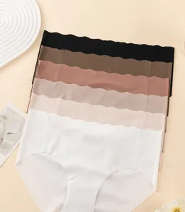 Detail of six seamless ice silk panties with scalloped edges in earthy neutral tones