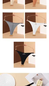 Detail view of seamless ice silk thongs with gold metal rings and printed size labels