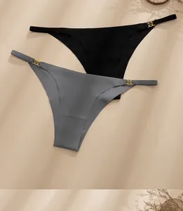 Detail of seamless ice silk thong with decorative triple gold rings in black and grey