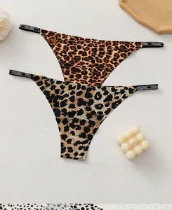 Detail of leopard print thongs with elastic branded waistband and cotton crotch