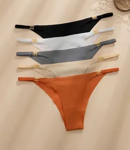 Detailed view of 5-pack seamless ice silk thongs with elegant gold metal ring accents