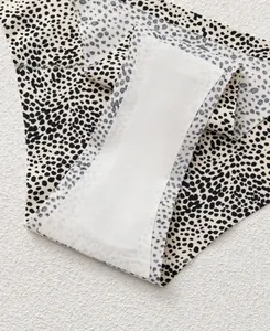 Detail view of cotton crotch lining on leopard print seamless ice silk panties