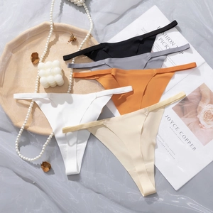 Five-pack of seamless ice silk thongs for women in assorted colors with thin elastic straps