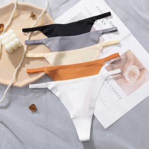 Five-pack seamless ice silk thong panties in assorted colors with thin waist straps