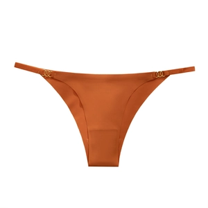 Burnt orange seamless ice silk bikini panties for women with gold three-ring metal details