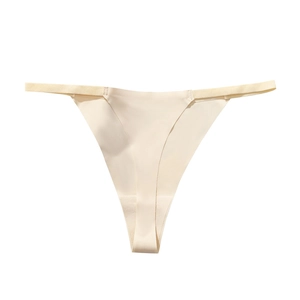 Seamless ice silk thong for women with slim straps and cotton crotch in beige