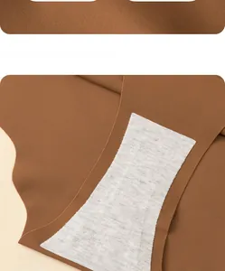 Close-up of seamless caramel brown panty showing breathable grey cotton crotch lining