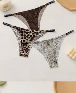 Three-pack of seamless leopard print thongs with thin elastic straps and gold ring detail