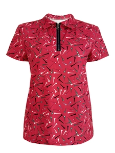 Detail of red women's polo shirt featuring colorful golf tee prints and zip V-neckline