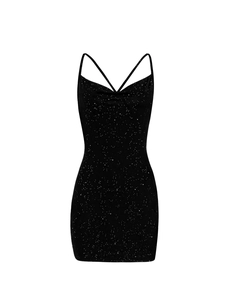 Detail of the cowl neck and shimmering silver glitter fabric on a black bodycon dress