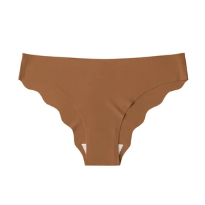 Seamless low-waist ice silk women panties in caramel brown with scalloped edges