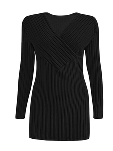 Detail of black V-neck ribbed knit dress showing fabric texture and crossover design