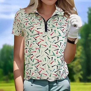 Women's plus size polo t-shirt with colorful golf tee print and zipper V-neck design