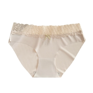 Slip beige senza cuciture in seta di ghiaccio da donna con trama a coste e pizzo