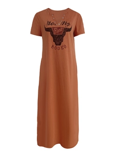 Detail of V-neckline with metal eyelets on rust red long dress with bull head print