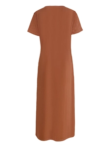 Back view of a long brick red short sleeve maxi dress with loose straight fit design