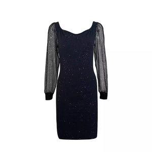 Elegant black sequin V-neck bodycon evening dress with sheer mesh long sleeves