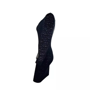 Elegant black sequin bodycon evening dress with sheer mesh sleeves and slim fit design