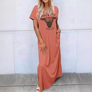Western Bull Head Print Plus Size Maxi Dress Women V Neck Short Sleeve Casual Rodeo Graphic T Shirt Dress With Pockets