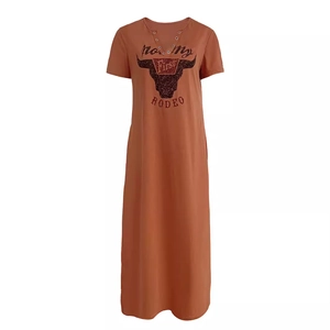 Terracotta short sleeve V-neck dress with bull head and Not My First Rodeo print