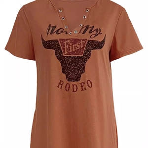 Women's brown V-neck T-shirt with vintage bull head and Not My First Rodeo print
