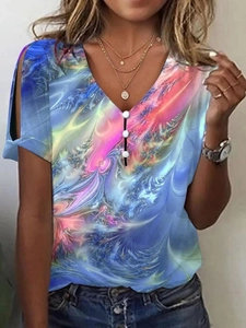 Women's V-neck cold shoulder t-shirt featuring colorful abstract tie-dye print patterns
