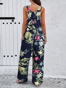 Back view of summer sleeveless wide-leg jumpsuit featuring tropical floral print details