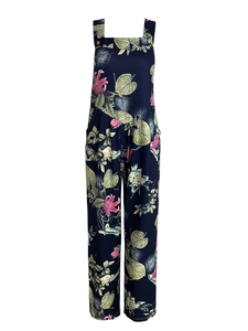 Detail of floral print on summer jumpsuit with wooden buttons and wide leg design