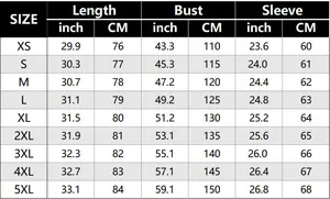 Size chart for wool blend coat showing length, bust, and sleeve from XS to 5XL