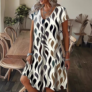 Abito estivo da donna con scollo a V e stampa moderna a foglie nere e marroni
