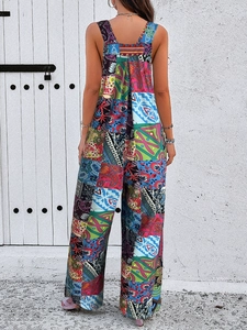 Detailed back view of a colorful bohemian patchwork print wide-leg jumpsuit for women