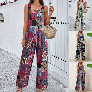Women Plus Size Jumpsuit Tropical Print Spaghetti Strap Wide Leg Top And Bottom Bohemian Summer Casual Vacation Jumpsuit
