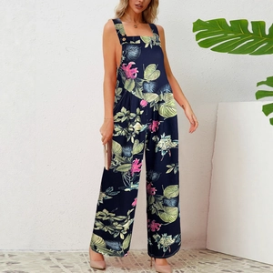 Women's tropical floral wide-leg jumpsuit with square neck and button straps in navy blue