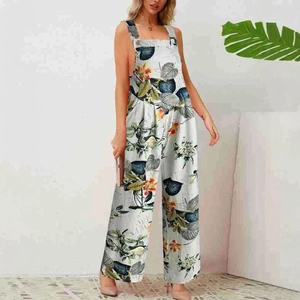 Women summer plus size tropical floral print jumpsuit with wide leg and shoulder straps