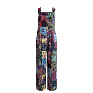 Bohemian patchwork print wide-leg jumpsuit with square neck and button straps