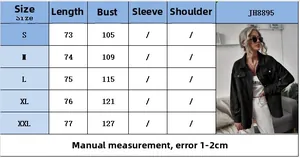 Size chart and detail view of corduroy long sleeve shirt jacket with pocket details