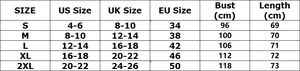 Detailed size chart for women's knit cardigan from S to 2XL with bust and length guide