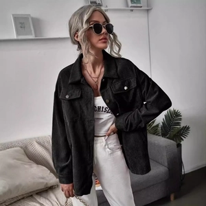 Women's black corduroy oversized shacket with flap pockets and long sleeves for autumn