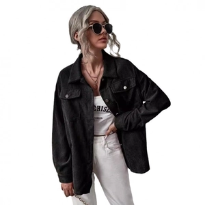 Women's black corduroy oversized shirt jacket with lapel collar and chest pockets