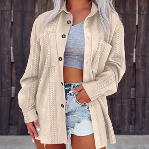 Women's cream white cable knit button cardigan with lapel collar and chest pocket