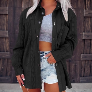 Women's black knit button-down jacket with textured cable stitch and lapel collar
