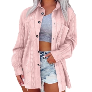 Pink knit cardigan jacket with textured cable patterns and buttons for casual autumn style