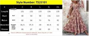 Detailed size chart for retro floral V-neck maxi dress with long sleeves in boho style