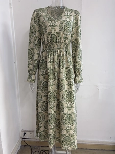 Detail of V-neck and baroque floral print on vintage long-sleeved dress fabric