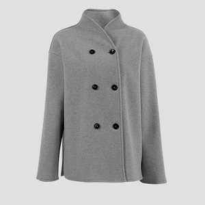 Detail of grey wool coat featuring double-breasted black buttons and a funnel neck collar