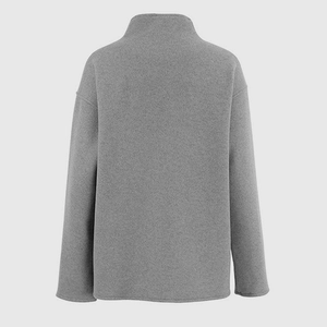 Rear view detail of a grey double-breasted wool coat with seamless high collar texture